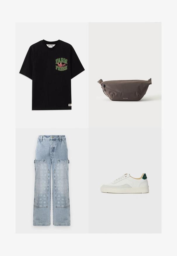 Zwarte katoenen t-shirt met een grafische print in groene en roze tekst die "FARM FRESH" zegt, met een losse pasvorm en korte mouwen.; Lichtblauwe denim cargo broek met een wijde pasvorm, grote opgestikte zakken en een subtiele bloemenprint op de onderste panelen, afgewerkt met gouden hardware-accenten.; Witte sneaker met suède accenten, ronde neus, platte veters en een crème rubberen zool. Bevat groene branding op de hiel.; Donkerbruine stoffen heuptas met diagonale ritssluiting en klein wit logo aan de voorkant, tegen een effen lichte achtergrond.