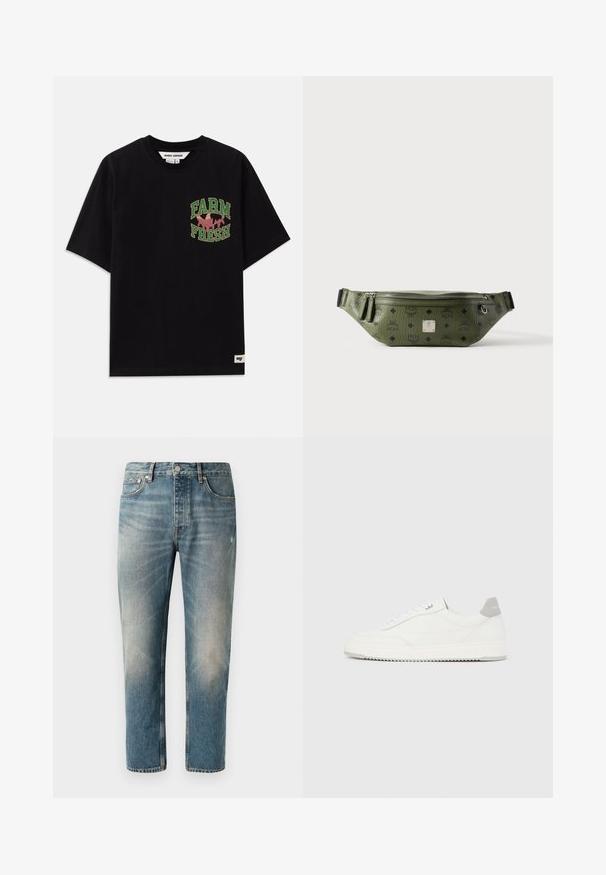 Zwarte katoenen t-shirt met een grafische print in groene en roze tekst die "FARM FRESH" zegt, met een losse pasvorm en korte mouwen.; Lichtblauwe denim jeans met een rechte snit. Met een knoopsluiting, vijf zakken en subtiele vervagings en wassing op de dijen.; Witte lage sneaker met grijze hielpatch, witte veters en een gestructureerde zool, gepresenteerd op een effen lichte achtergrond.; Olijfgroene textuurleren heuptas met zwarte logo's, zilveren ritssluiting, dubbele ritstrekkers en centrale zilveren merkembleem.