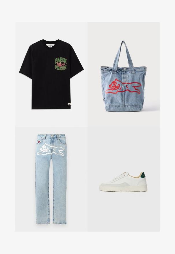 Sort bomulds t-shirt med et grafisk print i grøn og pink tekst, der siger "FARM FRESH", med en løs pasform og korte ærmer.; Icecream RUNNING DOG PANT - Jeans Straight Leg - heavy wash blue; Hvide sneakers med ruskindsdetaljer, rund tå, flade snørebånd og en cremet gummisål. Har grøn branding på hælen.; Lyseblå denimtaske med to håndtag og en rød silhuet af et løbende tegneserie-dyr foran.