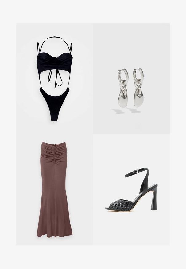 GmbH WITH CUPS - Μπλούζα - black; Malina MAJORI RUCHED - Μάξι φούστα - chocolate; Μαύρη ψηλοτάκουνα σανδάλι με πλεγμένο μπροστινό λουράκι, λουράκι αστραγάλου με ασημένια αγκράφα και φαρδύ τακούνι σε ουδέτερο φόντο.; Ασημένια σκουλαρίκια κρίκων με παρατεταμένες οβάλ συνδέσεις, που διαθέτουν λείο φινίρισμα και υφασμένη κρεμαστή πεντάλ. Απλός σχεδιασμός με λείες άκρες.