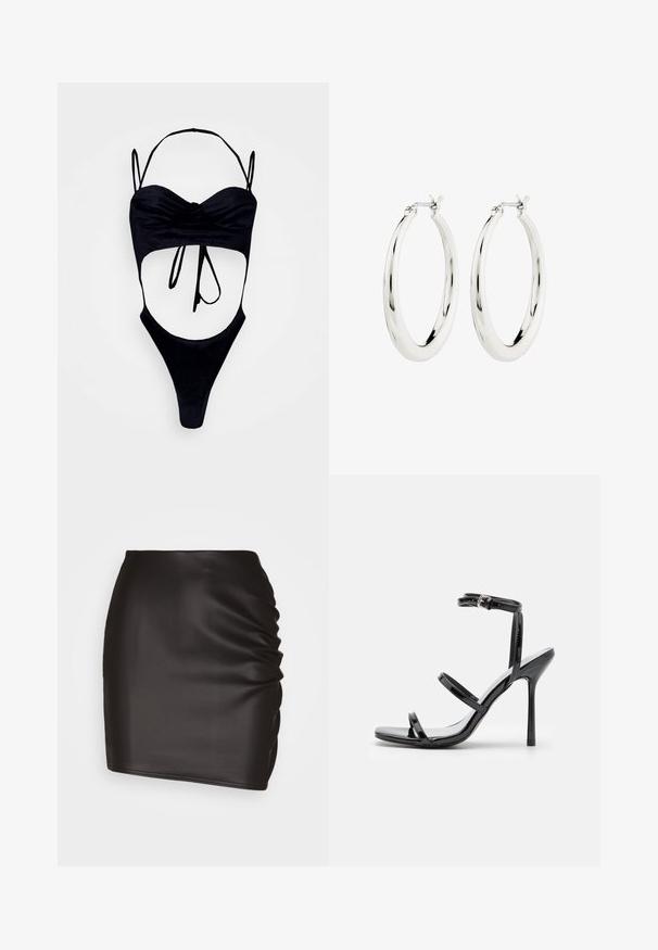 GmbH WITH CUPS - Top - black; Sort mini skirt lavet af glat syntetisk materiale, med rynket detaljer på den ene side og en tætsiddende silhuet.; Sorte patentlæder højhælede sandaler med tre horisontale stropper og en justerbar ankelstrop. Elegant silhuet og skinnende finish.; Sølvøreringe i form af hoops med en glat, blank finish. Cirkulær form, der har en sikker lås. Simpelt og elegant design.