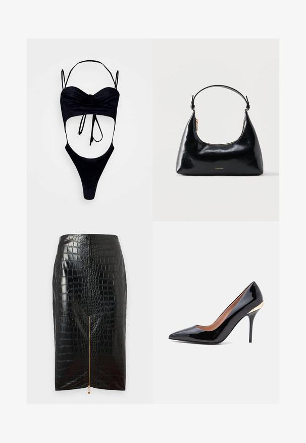GmbH WITH CUPS - Top - black; Sort pencilskørt i faux læder med krokodillestruktur, som har en central guldlynlås og en glat overflade.; Sort laklæder pumps med spids tå, tynd stilet hæl og en gulddetalje nær hælkappen.; Sort blank Calvin Klein håndtaske med gyldent lynlås og kort rem mod en ensfarvet hvid baggrund.