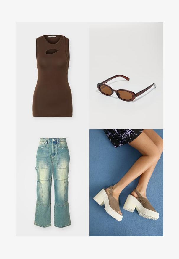 Camiseta sin mangas marrón ajustada con escote redondo y una abertura asimétrica en forma de ojo de cerradura en la parte superior del pecho.; Pantalones cargo de mezclilla azul claro con corte de pierna ancha, que cuentan con múltiples bolsillos y una textura desvaída. Los detalles incluyen un cierre de botón y acentos de costura.; Sandalias de plataforma de ante marrón con tacones gruesos blancos, que presentan una correa de tobillo ajustable y acentos dorados. Suela de goma texturizada para un buen agarre.; Gafas de sol redondas con tinte marrón y un marco burdeos brillante. Patillas delgadas con un sutil detalle de marca. Diseño de lentes planos.