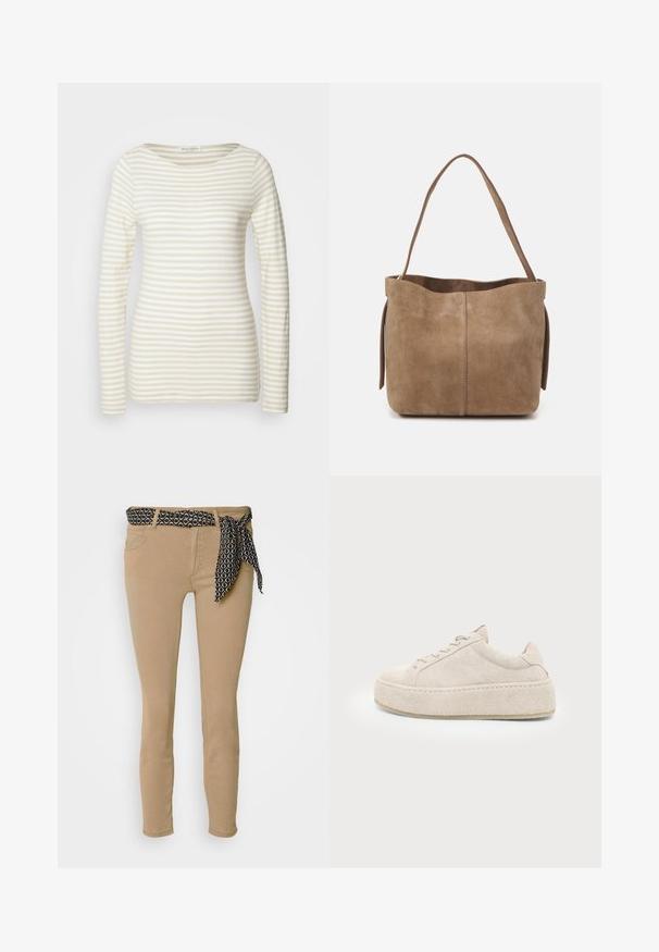 Chemise à manches longues rayée en mélange de coton crème et beige, avec un col rond et une silhouette ajustée. Texture douce avec des motifs subtils.; Jean skinny beige avec une ceinture à motif noir et un nœud assorti. Dispose de cinq poches et d'une texture douce en mélange de coton.; Baskets à plateforme en daim beige avec semelle épaisse et fermeture lacée, vues de côté sur fond blanc uni.; Sac fourre-tout en daim marron avec une texture douce, une ouverture en haut et une seule sangle pour l'épaule. Présente une finition lisse et un design minimaliste.