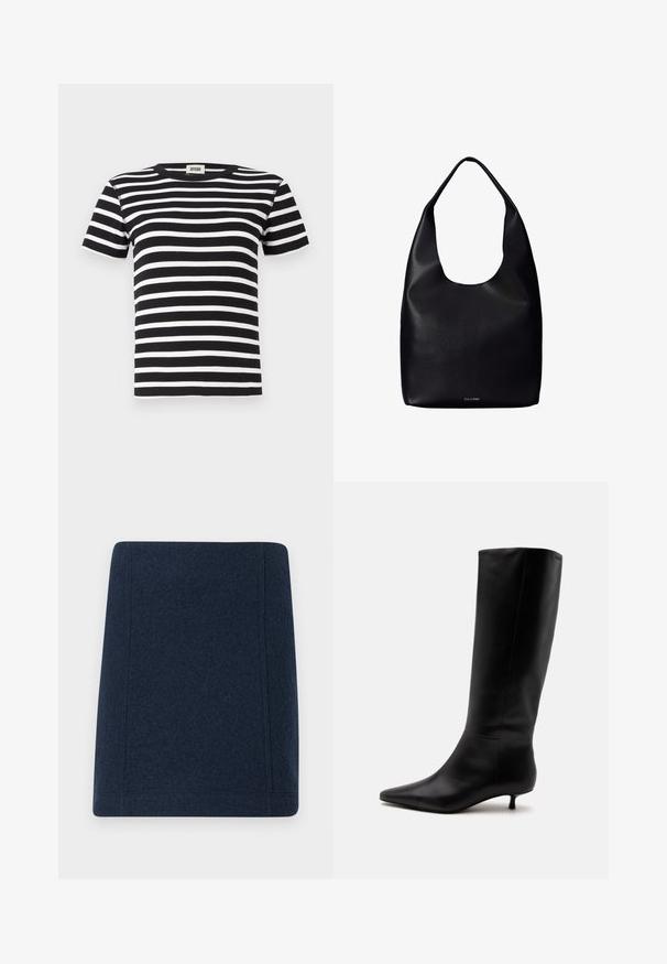 Sort-hvidstribet kortærmet t-shirt, ribbet tekstur, klassisk rund hals design, har vandrette striber i varierende bredder.; Marine uld mini nederdel med en lige form, flade sømme og en glat tekstur. Ingen synlige mønstre eller udsmykninger.; Sort læder knæhøj støvle med spids snude og lav kittenhæl mod en ensfarvet lys baggrund.; Sort læder shoppertaske med en bred enkelt skulderrem og et subtilt Calvin Klein-logo nederst i midten.
