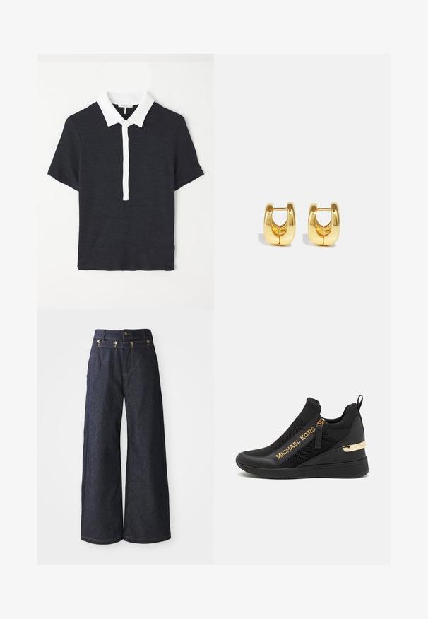Mørkeblå kortærmet polo med hvid krave, der har en knappet placket og en tekstureret stof. Klassisk design og tætsiddende form.; Bredde bukser lavet af mørkt denim, med høj talje, dobbeltknaplukning og kontrastsyninger langs sømmene.; Sorte atletiske sneakers med mesh-paneler, gulllogo-detaljer, slip-on design og en kilehæl for ekstra højde. Gummisål.; Guld hoops øreringe med et slankt, afrundet design. Har en hul midte og en blank overflade, der komplementerer moderne stilarter.