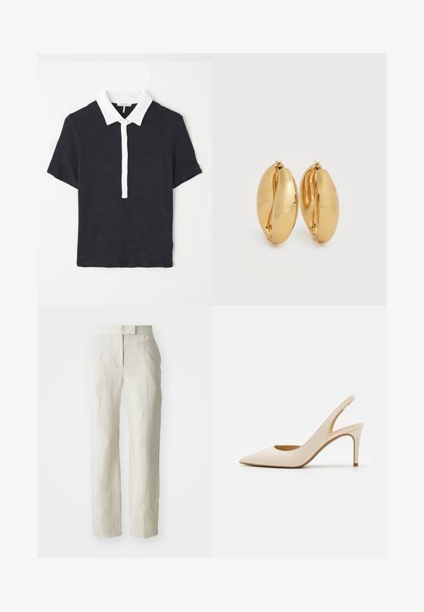 Polo-shirt bleu marine à manches courtes avec un col blanc, comportant une patte de boutonnage et un tissu texturé. Design classique et coupe ajustée.; Pantalons en lin blancs avec une coupe ajustée, présentant un devant plat et des jambes droites. Texture lisse avec un léger détail de plis.; Escarpin slingback en cuir beige avec un bout pointu et un talon haut fin. Présente une découpe au talon et une finition lisse.; Paire de boucles d'oreilles épaisses en forme de créoles, effet or poli, avec un design légèrement ovale et massif, dotées de fermoirs à charnière sur fond blanc.