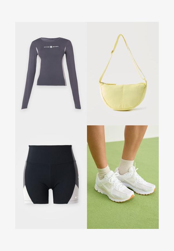 Tmavošedý dlhý rukáv priliehavý športový top s svetlošedými bočnými panelmi a bielym logom "Nike Shox" na hrudi.; Čierne športové šortky s vysokým pásom. Na bokoch sú sivo-biele akcenty, vyrobené z materiálu s odvodom vlhkosti a elastickými vlastnosťami.; Biele športové topánky s mäkkou textíliou, gumovými podrážkami a béžovými detailmi. Nosené s svetlými ponožkami na zelenej ploche.; Jemná žltá ramenná taška v tvare polmesiaca s nastaviteľným popruhom a horným zipsovým uzáverom na jednoduchom svetlom pozadí.