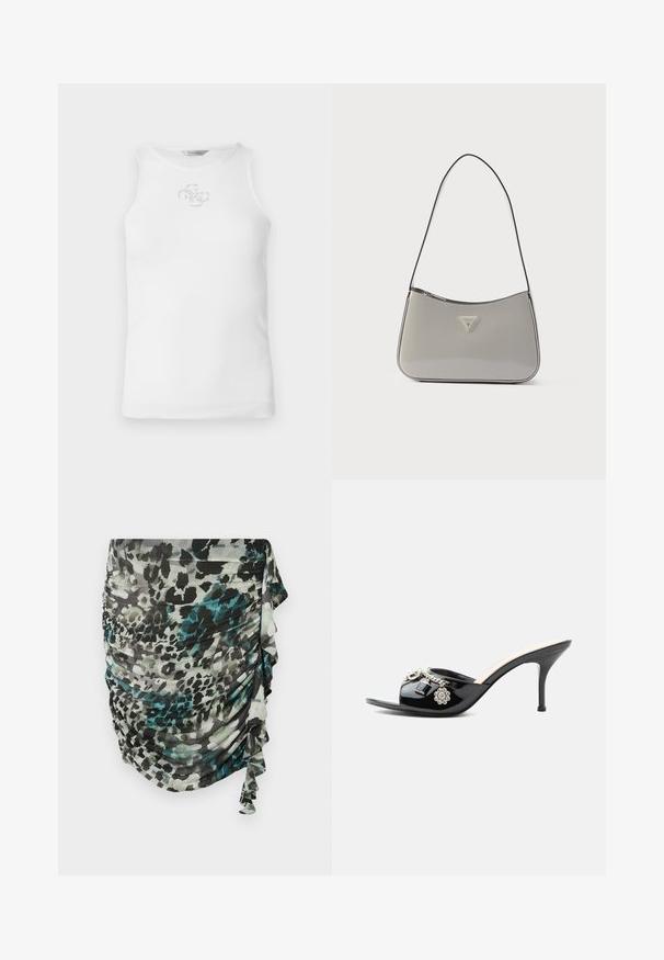 Camiseta sin mangas blanca de canalé con un pequeño logo brillante en el pecho, cuello redondo y silueta ajustada.; Falda ligera con frunces en tonos de verde, negro y gris, con un estampado de leopardo y detalles de volantes a lo largo del costado.; Mule de charol negro de tacón alto con punta abierta y adornos decorativos plateados, incluyendo una flor y un candado en la tira delantera.; Bolso de hombro de cuero sintético gris con un diseño curvo, ribete negro y una placa con logo plateada en el frente. Correa ajustable para uso versátil.