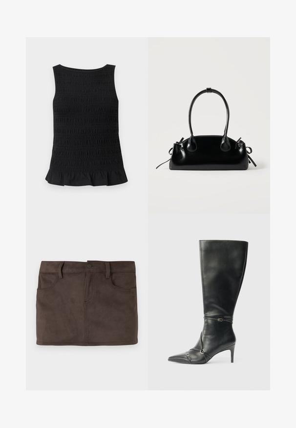 Haut noir sans manches avec une texture smockée et un ourlet à volants, conçu pour une silhouette ajustée.; Mini-jupe en daim marron avec deux poches avant, passants de ceinture et fermeture avec bouton à l'avant. Texture lisse avec un léger brillant.; Bottes noires en cuir montant jusqu'au genou, avec un talon fin, un bout pointu et des détails de lanière à la cheville. Texture lisse et design ajusté.; Petit sac à main noir brillant avec deux longues anses et des détails à cordon sur les côtés sur un fond clair uni.
