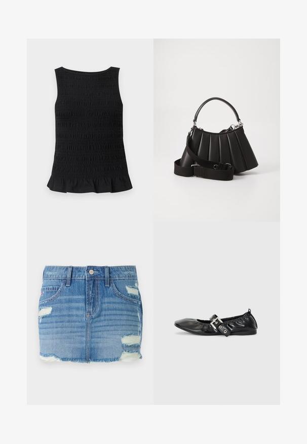Zwarte mouwloze top met geplooide textuur en gerafelde zoom, ontworpen voor een aansluitend silhouet.; Denim mini-jurk in lichtblauw met een versleten afwerking. Kenmerkt zich door een rafelige zoom, vervaagde delen en verschillende scheuren. Voorzijde met knoopsluiting en zakken.; Zwarte leren platte schoen met een spitse neus, geplooide details rond de opening en een zilveren gespaccentueerde verstelbare band.; Zwarte geplooide handtas met een ronde handgreep, verstelbare schouderriem en glanzende textuur. Heeft zilveren hardware en een gestructureerde silhoutte.