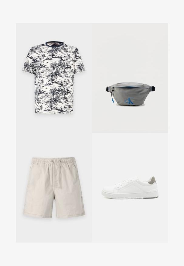 Camiseta de manga corta en color crema con un estampado de palmeras en azul marino. Cuenta con un cuello redondo y una textura de tela suave. Lavable a máquina.; Pantalones cortos beiges hechos de una tela ligera, con cinturilla elástica, cordón y bolsillos laterales con costuras en contraste.; Zapatilla blanca con material de cuero liso, punta redonda, diseño minimalista, acento gris en el talón y suela de goma texturizada.; Riñonera gris con un diseño elegante, que cuenta con una cremallera azul y un logo. Fabricada con material resistente, tiene una superficie texturizada y una correa ajustable.