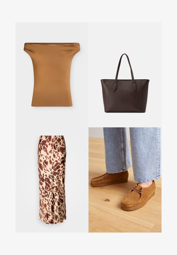 Brun tætsiddende top med bar skuldre og let rynkning ved halsudskæringen, vist mod en ensfarvet lys baggrund.; Satin midi-nederdel i beige med brune abstrakte pletter, med en lige silhuet og en subtil glans. Glat tekstur hele vejen igennem.; Brune ruskindsko med en rund tå og tanfarvet gummisål, der har et simpelt snørebåndsdesign, parret med lyseblå denimbukser.; Brun læder tote taske med to top hændler, rektangulær form, minimalistisk design og syning detalje langs kanterne.