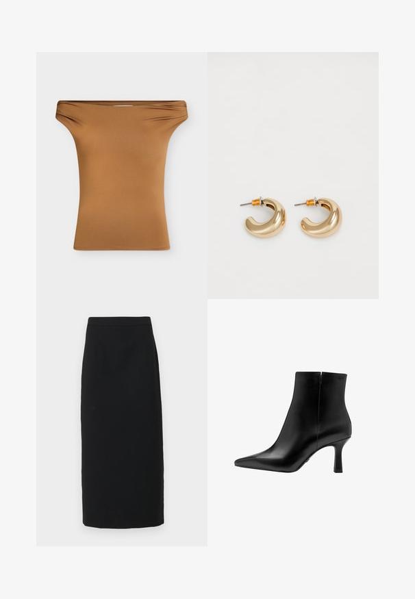 Brun tætsiddende top med bar skuldre og let rynkning ved halsudskæringen, vist mod en ensfarvet lys baggrund.; Sort midi-nederdel, skræddersyet design, struktureret stof, lige pasform, med en glat tekstur og subtile folder foran.; Sort læder ankelstøvle med spids tå, høj stilettohæl, glat tekstur og minimalistisk design. Inkluderer en lynlåslukning bagpå.; To skinnende guldøreringe i et buet design med orange accenter nær stikket, sat mod en enkel hvid baggrund.