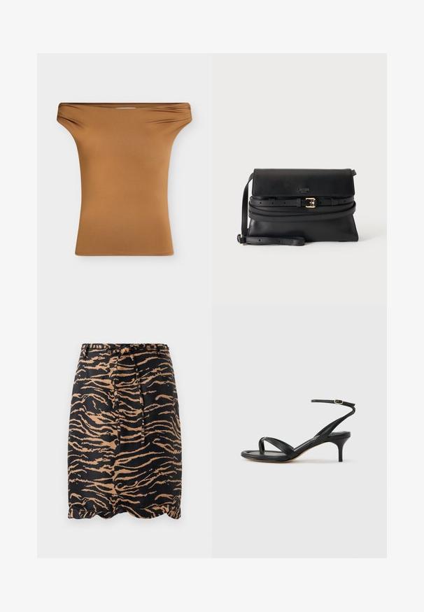 Brun tætsiddende top med bar skuldre og let rynkning ved halsudskæringen, vist mod en ensfarvet lys baggrund.; Sorte og tan tigerstribet nederdel lavet af glat stof, med en knytbar talje og et scallop-design i kanten.; Sort damesandal i læder med tynde remme, en tå-loop, ankelspænde og en mellemhøj stiletthæl på en neutral baggrund.; Sort læder crossbody taske med klap, tynd justerbar skulderrem og dekorativt bælte med guldbeklædt spænde foran.