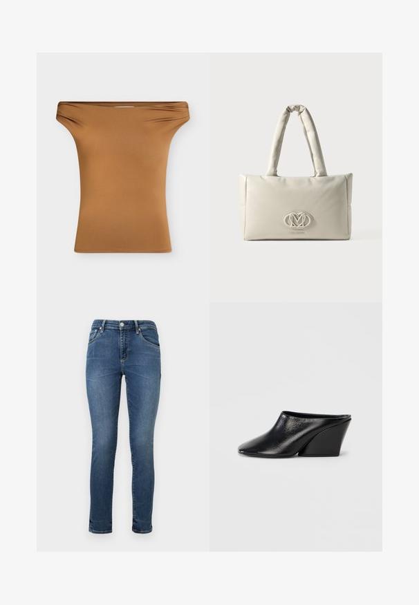 Brun tætsiddende top med bar skuldre og let rynkning ved halsudskæringen, vist mod en ensfarvet lys baggrund.; Mørkeblå denim skinny jeans med en almindelig talje, fem lommer og subtil fading nær lårene. Afsluttet med syede sømme.; Sorte læder wedge-mules med spids tå og glat tekstur. Hælen er slank og vinklet, hvilket giver en moderne silhuet.; Cremefarvet rektangulær håndtaske med polstrede håndtag og hævet Love Moschino-logo på fronten.
