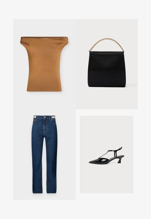 Braunes schulterfreies, figurbetontes Oberteil mit leichter Raffung am Halsausschnitt, vor hellem, schlichtem Hintergrund präsentiert.; Rabanne Jeans Straight Leg - dark blue denim; Schwarzer Lacklederschuh mit niedrigem Absatz, spitzer Zehenpartie, T-Riemen und Schnallenverschluss vor hellem neutralem Hintergrund.; Schwarze Tasche aus glattem Stoff mit strukturierter Form, einem Griff aus goldener Kette und minimalistischem, geometrischem Design.