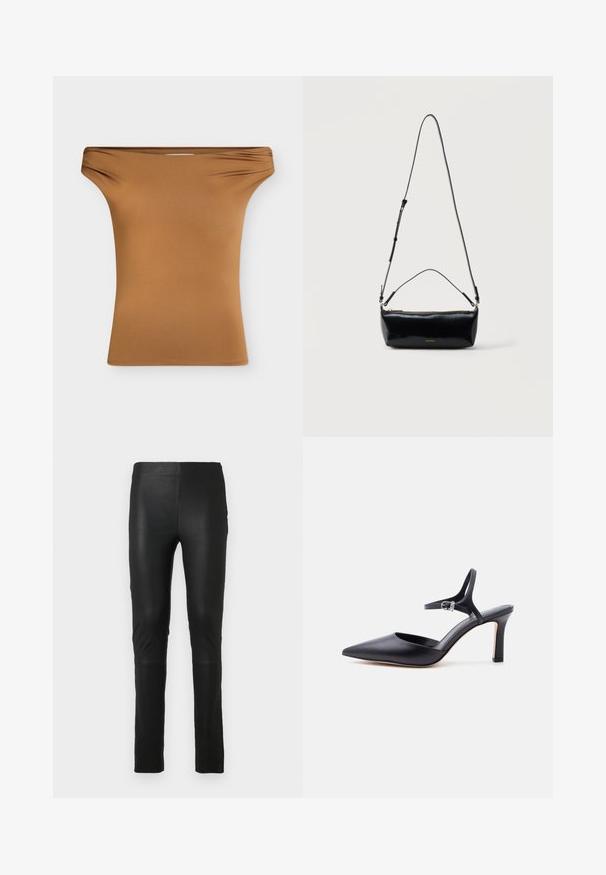 Haut marron ajusté à épaules dénudées avec un léger froncé au niveau de l'encolure, présenté sur un fond clair uni.; Leggings noirs en tissu lisse et extensible. Design ajusté avec une texture douce. Présente des détails de couture au niveau des genoux.; Escarpin noir à bout pointu avec fine bride à la cheville et boucle argentée, finition en cuir lisse, chaussure élégante pour femme.; Sac bandoulière rectangulaire en cuir noir avec bandoulière ajustable, fermeture éclair sur le dessus et petit logo Calvin Klein doré sur le devant.