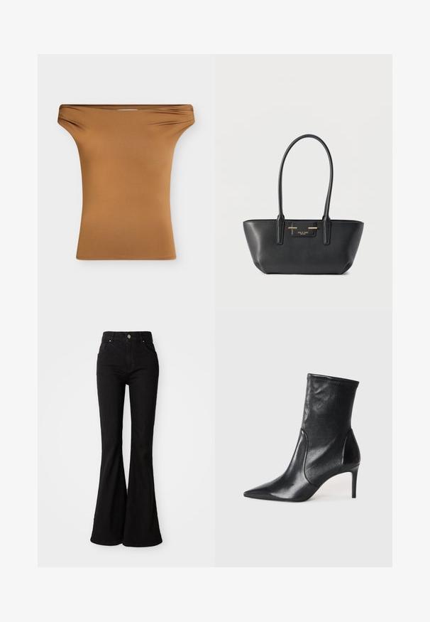 Haut marron ajusté à épaules dénudées avec un léger froncé au niveau de l'encolure, présenté sur un fond clair uni.; Jean noir évasé en denim, avec une taille haute, fermeture à bouton et design classique à cinq poches. Texture lisse et couleur uniforme.; Bottes noires à la cheville en cuir lisse, dotées d'un bout pointu, d'un tige ajustée et d'un talon haut fin. Design minimaliste sans quincaillerie visible.; Sac à main rectangulaire noir avec poignées longues, ferrures dorées et une petite étiquette frontale sur un fond clair uni.