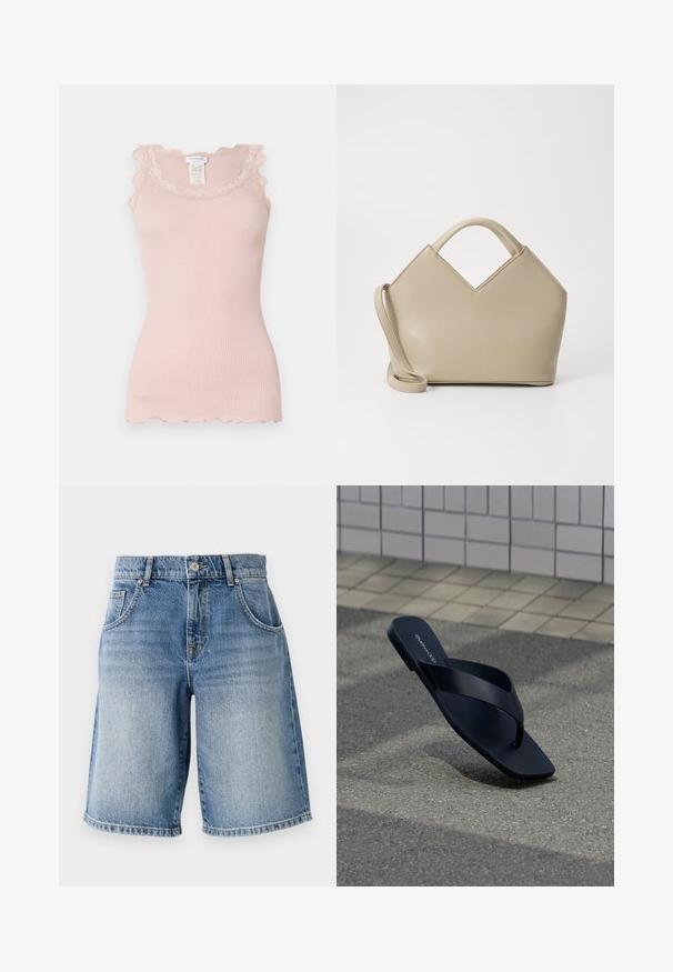 Lyserød ribbet tank top med blondekant langs halsudskæring og skulderkanter; bølget kant; lavet af et blødt, strækbart stof.; Lysblå denimshorts med lige pasform, fem lommer og bronzefarvet hardware. Har en rå kant og en falmet vaskemæssig struktur.; Sort tanga-sandal med firkantet tå og mærkenavn på fodseng, placeret opret på tekstureret fortov nær flisebeklædt væg.; Beige struktureret håndtaske med en V-formet top, glat lædermateriale, korte håndtag og et langt justerbart rem. Minimalistisk design.