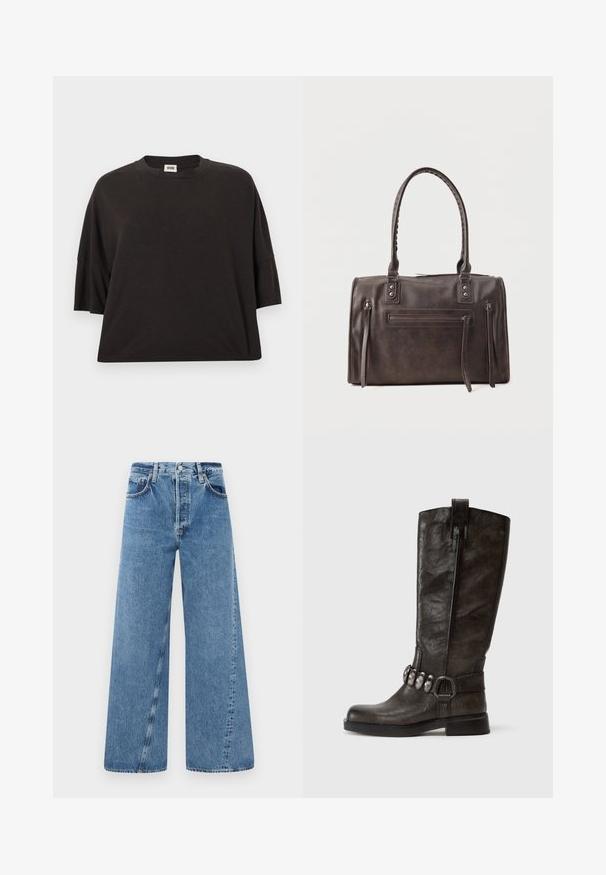 Sort oversized t-shirt lavet af bomuld, med rund hals og korte ærmer, glat tekstur og afslappet pasform.; Bredde jeans i blå denim med høj talje, knaplukning og forlommer. Stoffet har en subtil tekstur og et falmet finish.; Tamaris Cowboy- / bikerstøvler - cigar; Mørkebrun læderhåndtaske med dobbelte håndtag, front lynlåslomme og to lodrette lynlåsdetaljer på siden på en hvid baggrund.