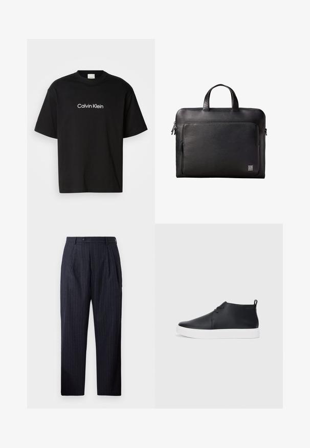 Sort bomulds T-shirt med korte ærmer, der har et hvidt "Calvin Klein" logo på fronten og en klassisk rund halsudskæring.; Marine-stribede bukser lavet af et tekstureret stof, med knaplukning, to for-pleats og lige ben-design.; Sorte læder højtop sneakers med en glat finish, hvid gummisål og simpel snørebåndsdesign. Har en pull tab bagpå.; Sort tekstureret lædermappe med lynlåslomme foran og dobbelthåndtag, med en lille Calvin Klein-logo i det nederste hjørne.
