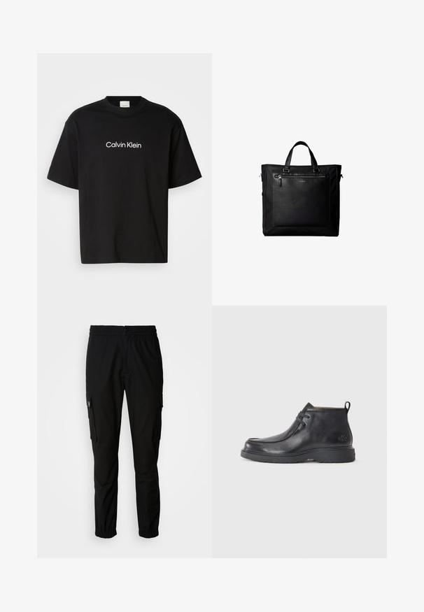 Sort bomulds T-shirt med korte ærmer, der har et hvidt "Calvin Klein" logo på fronten og en klassisk rund halsudskæring.; Sorte cargo bukser lavet af stof, med elastisk talje, knaplukning og flere sidelommer med klapper.; Sorte læder ankelstøvler med rund tå, snørelukning og en løkke bagpå. Tekstureret overdel og gummisål.; Sort taske med dobbelte håndtag, stor læderlomme foran med lynlås og diskret Calvin Klein-logo midt på lommen.