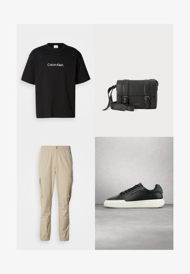 T-shirt en coton noir à manches courtes, présentant un logo "Calvin Klein" blanc sur le devant et un col rond classique.; Pantalons cargo beiges avec une taille élastique, fermeture à bouton, poches latérales et poignets élastiques aux chevilles, fabriqués en tissu léger.; Baskets en cuir noir avec semelle blanche, lacets noirs et logo embossé, flottant au-dessus d'un sol gris avec un mur en verre.; Sac bandoulière en cuir noir avec une finition texturée, fermetures à double boucle et sangle réglable. Présente un logo embossé sur le devant.