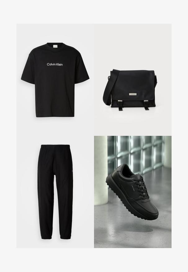 Sort bomulds T-shirt med korte ærmer, der har et hvidt "Calvin Klein" logo på fronten og en klassisk rund halsudskæring.; Sorte træningsbukser med elastisk talje, tapered ben og manchetter. Glat stoftekstur. Logo detalje på siden.; Sort læder Calvins Klein sneaker med snørebånd, robust sål, svævende over poleret beton gulv med glasblokvæg i baggrunden.; Sort messenger taske lavet af glat nylon med klaplukning, justerbar rem og hardwaredetaljer i sølvfarve. Kompakt og funktionelt design.
