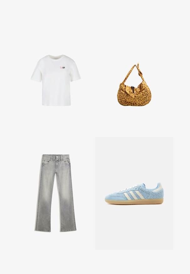 Witte katoenen T-shirt met korte mouwen, een ronde halslijn en een bedrukte "Girl" logo in zwart en roze op de linkerkant van de borst.; Grijze denim flared jeans met een vervaagde afwerking, voorzien van een knoopsluiting, vijf zakken en gestikte details langs de tailleband en zoom.; Lage sneaker met lichtblauwe geweven bovenkant, witte strepen, witte veters, lichtblauwe suède neuskap en een zool van gumrubber.; Gele en bruine schoudertas met luipaardprint, met een geknoopt bandje en zwarte sluiting.