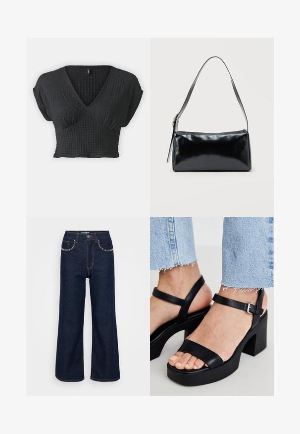 ONLY Petite ONLASTRID - T-shirts basic - black; Mørkeblå brede ben jeans lavet af denim, med høj talje, to forlommer med dekorativ syning, og en enkelt knaplukning.; ALDO CELIE - Højhælede sandaletter / Højhælede sandaler - black; Sort rektangulær skuldertaske med en enkelt justerbar rem og lynlås i toppen på en ensfarvet baggrund.