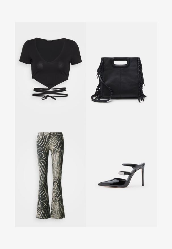 Even&Odd T-Shirt print - black; Schlagjeans im schwarz-beigen Zebra-Muster, aus Denim-Material, mit Fünf-Taschen-Design und sichtbaren Nahtdetails.; Schwarze Lackleder-High-Heel-Mules mit spitzer Zehenpartie, zwei Riemen über dem Fuß, einer mit Strass verziert, auf einem weißen Hintergrund.; Schwarze Lederhandtasche mit strukturiertem Design, oberen Griff und Fransenakzenten. Verfügt über einen abnehmbaren Schultergurt für mehr Vielseitigkeit.