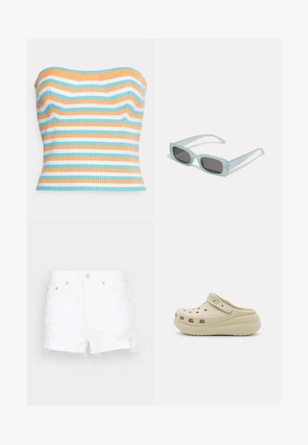 Gina Tricot KNITTED TUBE - Top - multi; Shorts de mezclilla blanca con dobladillo deshilachado, con parches desgastados y detalles en tono cobre. Incluye bolsillos frontales y cierre de botón.; Zueco beige sin cordones con parte superior perforada, correa ajustable y suela gruesa acolchada diseñada para comodidad casual.; Un par de gafas de sol rectangulares con montura translucida azul clara y lentes gris oscuro, que cuentan con patillas rectas y detalles de hardware mínimos.