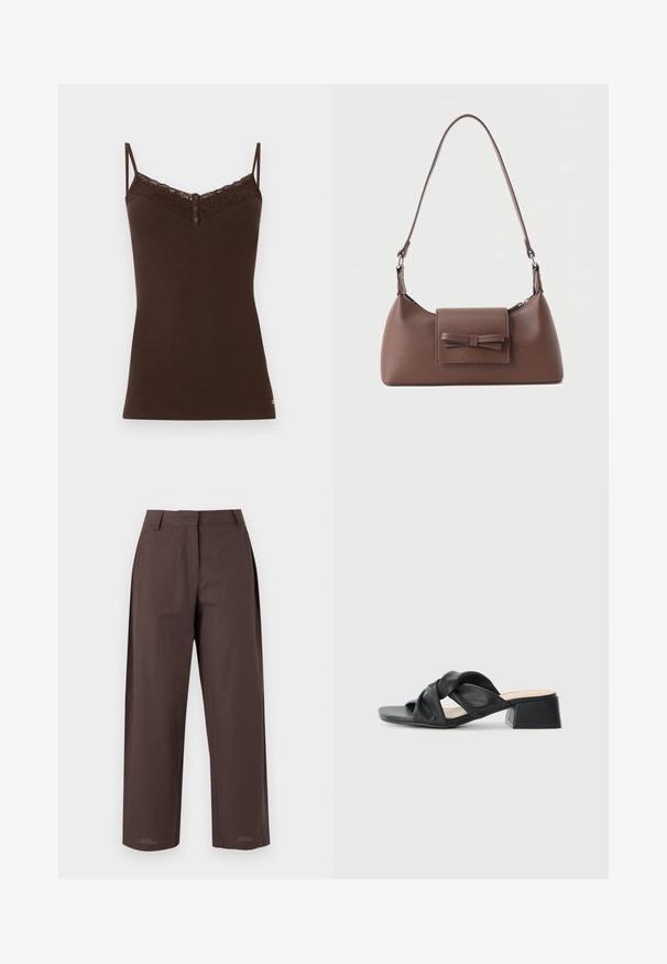 Brun ribbet cami med blondekant langs halsudskæringen og tre små knapper foran i midten, med tynde spaghetti-stropper.; Bruge bukser med lige ben, bæltestropper, sidelommer og skjult lukning foran.; Sort lædersandal med et snoet overdesign, kvadratisk tå og en lav blokhæl, der har en glat tekstur og minimalistisk stil.; Brun skuldertaske i læder med en frontlomme med klap, der har en sydd sløjfedetalje, og en justerbar rem.