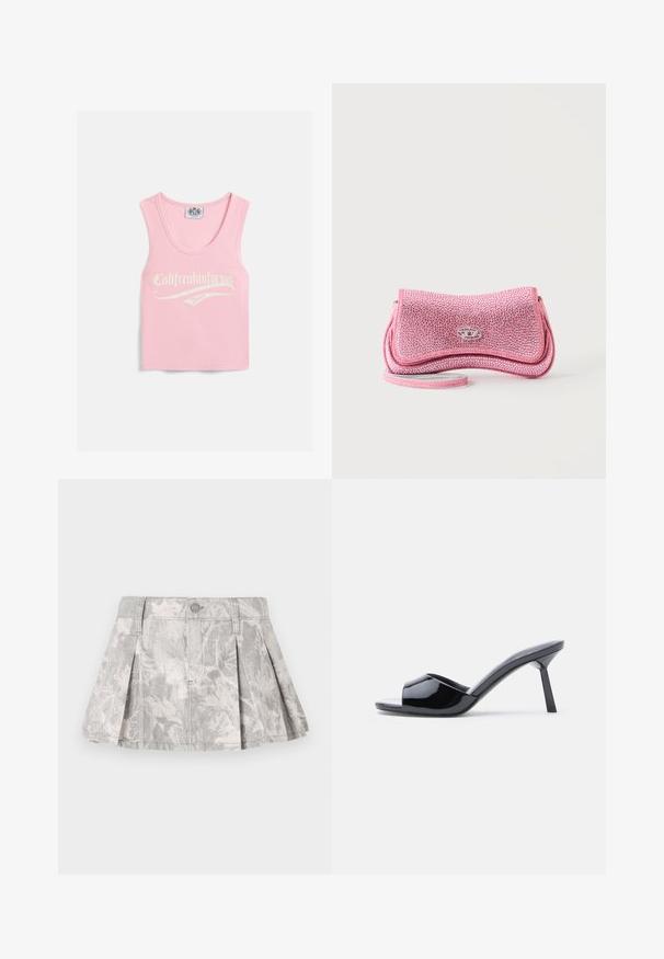Roze geribbelde tanktop met een ronde halslijn, voorzien van witte tekst met de opdruk "Califreakinfornia Juicy" aan de voorkant.; Grijze denim rok met plooien, voorzien van een subtiel bladerenpatroon in lichtere tinten. Klassieke snit met een tailleband en sluiting met metalen knoop.; Zwarte lakleren open-teen sandalen met hak, met een gebogen bovenkant ontwerp en een taps toelopende naaldhak. Gladde glanzende afwerking.; Kleine roze glinsterende clutch met een zilveren gesp en een dun polsbandje op een witte achtergrond.