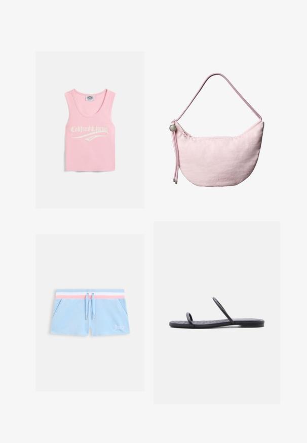 Débardeur rose à côtes avec une encolure arrondie, portant le texte blanc "Califreakinfornia Juicy" sur le devant.; Shorts en velours bleu clair avec une ceinture à rayures rose et blanche, fermeture à cordon de serrage et poches latérales. Comporte le mot « Juicy » brodé en blanc.; Sandale plate noire avec semelle fine matelassée et deux fines brides sur les orteils et le milieu du pied, présentée de profil sur fond blanc.; Sac d'épaule croissant doux rose avec une sangle en corde réglable, un arrêt en métal et un logo "cK" en relief subtil au centre avant.