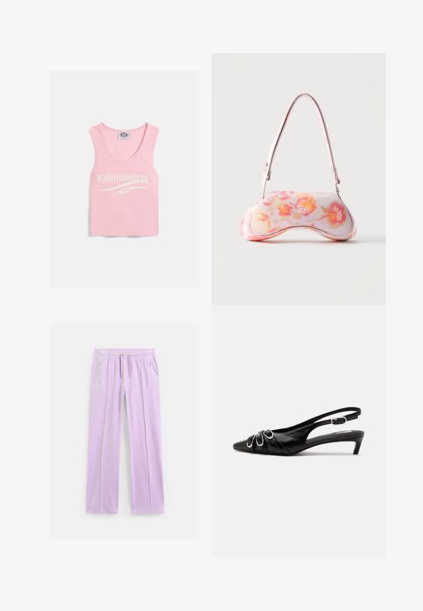Roze geribbelde tanktop met een ronde halslijn, voorzien van witte tekst met de opdruk "Califreakinfornia Juicy" aan de voorkant.; Lichtpaarse sweatpants met rechte pijpen, een elastische tailleband, verstelbare trekkoorden en ritszakken aan de zijkanten.; Zwarte leren slingback schoen met puntige neus, drie zilveren gespen aan de voorkant en lage kittenhak op witte achtergrond.; Kleine handtas met een gebogen vorm met een roze en oranje bloemenpatroon en een enkele schouderriem tegen een effen achtergrond.