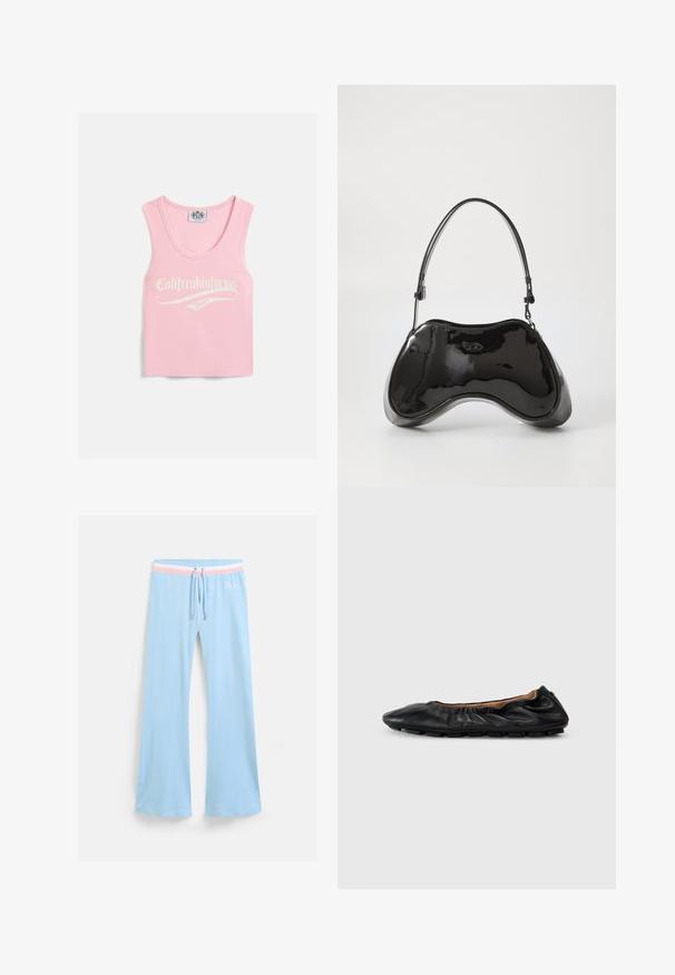 Lyserød ribbet tanktop med en rund udskæring, der har hvid tekst, hvor der står "Califreakinfornia Juicy" på forsiden.; Lyseblå, flagrende sweatpants med snor i taljen. Har en pink og hvid stribet accent samt broderet logo. Blød stoftekstur.; Sort læder balletflade med samlet detaljering ved kraven, rund tå og fleksibel gummisål. Glat tekstur hele vejen igennem.; Sort patentlæder håndtaske med en unik buet form, kort justerbar hank og en lynlåslukning i toppen. Glat tekstur med diskret branding.