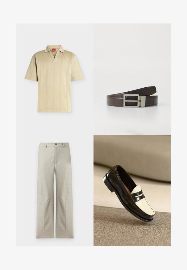 Beige lyhythihainen poolopaita, jossa V-kaula-aukko, pehmeä kaulus, hienovaraiset pystysaumat ja punainen sisätarra, jossa lukee "HUGO".; Vaaleanbeiget, suorat sääret, napilla ja vetoketjulla suljettavat juhlahousut, joissa vyölenkit, valkoisella taustalla esillä.; Musta nahkainen loafer, jossa on vaniljanvärinen vamp ja mustat korostusraidat, varustettuna matalalla korolla ja yksityiskohtaisilla ompeluilla reunoilla.; Ruskea nahkavyö, jossa on sileä pinta, suorakulmainen hopeanvärinen metalli-solki ja hienovarainen brändäys hihnassa.