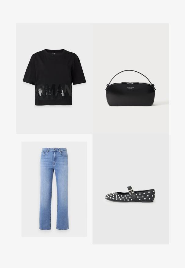 Sort kortærmet cropped t-shirt med rund halsudskæring og stor blank "ARMANI" tekst på forsiden.; Lyseblå denimjeans med lige ben, knaplukning, forlommer og synlige syninger på en ensfarvet baggrund.; Sorte læder flade sko med rund tå, prydet med sølvnitter i et prikket mønster og en spænde rem over vristen.; Sort læderhåndledstaske med sølv lynlås og kort hank, prægede Emporio Armani Milano 1981-logo foran.