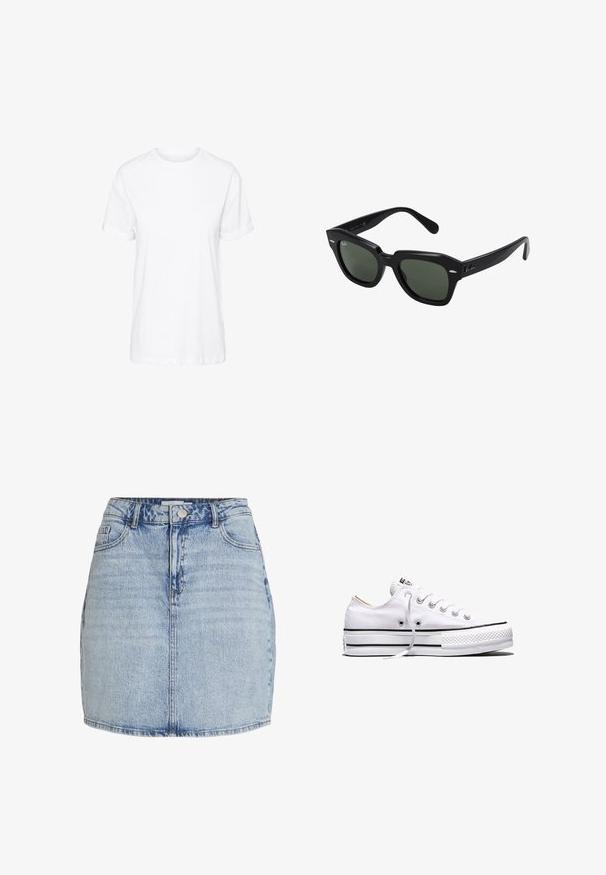 Witte katoenen T-shirt met korte mouwen, een ronde hals en een relaxte pasvorm, met een gladde textuur en zonder zichtbare patronen.; Lichtblauwe denim mini-jurk met een sluiting met knopen en rits aan de voorkant, riemlussen en voorzakken.; Witte lage canvas sneaker met witte veters, zwarte strepen op de zool en een rubberen, getextureerde neuskap, zijaanzicht op een witte achtergrond.; Zwarte vierkante zonnebril met donker groene lenzen, uitgerust met gedurfde monturen en zilveren accenten aan de zijkanten. Gemaakt in Italië.