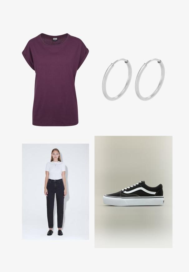 Lilla bomulds T-shirt, løs pasform, rund halsudskæring, oprullede korte ærmer og lige kant. Minimalistisk design uden synlige mønstre eller accenter.; Ung kvinde med glat hår iført hvid kortærmet top, højtaljede sorte jeans, sorte slip-on sko og en vedhængshalskæde, stående.; Lavtop sort sneaker med hvid side stribe, hvide snørebånd, hvid gummisål og tekstureret tåhætte på neutral baggrund.; Sølv hoops øreringe, cirkulær form, glat skinnende tekstur og ensartet bredde hele vejen igennem. Minimalistisk design uden yderligere accenter.
