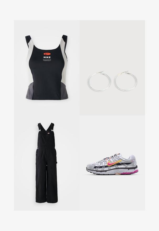 Zwarte en grijze sporttanktop met een ronde hals, smalle banden en een centraal oranje Nike-logo op de voorkant gedrukt.; Zwarte denim dungarees met brede pijpen, verstelbare schouderbanden, een voorktas en zilveren hardware-accenten. Glad van textuur, minimaal ontwerp.; Grijze mesh hardloopschoen met een opvallende roze en gele swoosh, zwarte accenten en een gestructureerde rubberen zool. Kenmerkt zich door een verstevigde neus en een gevoerde kraag.; Een paar glanzende zilveren oorringen met dunne draadafsluitingen, getoond op een lichtgrijze achtergrond.