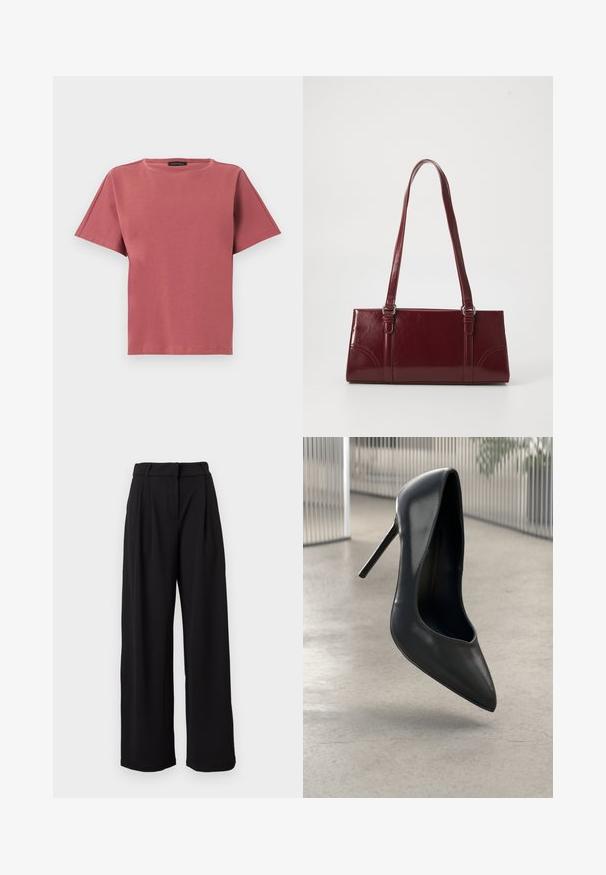 Camiseta de manga corta color rosa polvo con cuello redondo, dobladillo recto, costuras mínimas y una pequeña etiqueta negra de la marca en el interior del cuello.; Pantalones negros de talle alto y pierna ancha con trabillas para cinturón y cierre delantero con cremallera, mostrados sobre un fondo blanco.; Zapato de tacón alto de cuero negro con punta afilada, diseño elegante y sin herrajes visibles. Textura suave y estilo minimalista.; Bolso burdeos hecho de material brillante, de forma rectangular, con dos asas para el hombro y sutiles acentos curvados en la parte frontal.