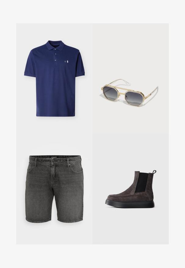 Marineblaues Polohemd mit kurzen Ärmeln, drei Knöpfen und kleinem weißem Sticklogo auf der linken Brust.; Schwarze Jeansshorts mit einem klassischen Fünf-Taschen-Design, Knopfverschluss und gestickten Akzenten. Hergestellt aus strapazierfähigem Baumwollmaterial.; Dunkelgrauer Wildleder-Stiefelette mit schwarzem elastischem Seitenpaneel und dicker gerillter schwarzer Sohle, auf einem weißen Hintergrund fotografiert.; MARC JACOBS MARC - Sonnenbrille - gold-coloured
