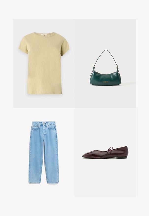 Schlichtes hellbeiges T-Shirt aus Baumwolle mit kurzen Ärmeln und rundem Halsausschnitt, mit einem kleinen Stoffetikett am unteren Saum auf der rechten Seite.; Hellblaue Jeans aus Denim mit lockerer Passform, hoher Taille, Fünf-Taschen-Design und subtilen Verblassungen entlang der Beinnaht.; Ballerinas aus bordeauxrotem Lackleder mit einer spitzen Zehenform und einem dekorativen lila Bogen auf dem Blatt; flaches Sohlen-Design.; Dunkelgrüne Leder-Schultertasche mit einem einzelnen Riemen, goldfarbenem Reißverschluss und "Love Moschino"-Logo in Gold vorn in der Mitte.