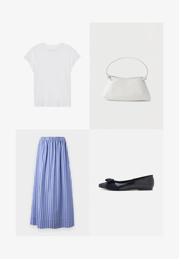T-shirt blanc à manches courtes, col rond, coupe décontractée, en tissu de coton doux. Texture lisse, sans motifs ni logos.; Jupe rayée bleu et blanche avec une taille élastique, jusqu'au genou, fabriquée en tissu léger, présentant des rayures verticales et un design évasé.; Ballerines navy avec une finition laquée brillante et un détail en suède texturé en forme de nœud sur le bout, présentant un bout rond et une semelle plate.; Sac à main en cuir tressé blanc avec poignée arrondie et extrémités de lanière nouées, présenté sur un fond uni.