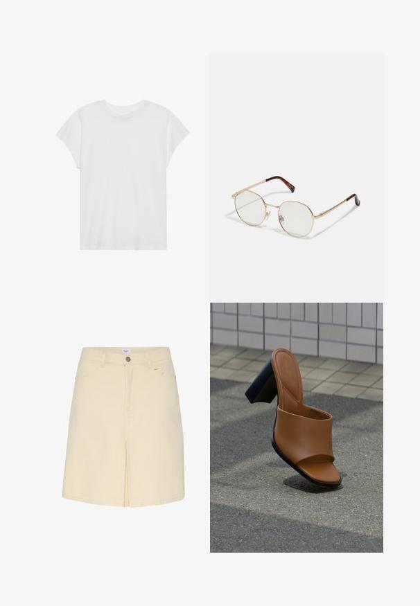 Witte t-shirt met korte mouwen, ronde hals, relaxte pasvorm, gemaakt van zacht katoen. Glad textuur, geen patronen of logo's.; Lichtbeige denim rok met een voorzijdeopening, een standaard tailleband en een klassiek vijf-pocketontwerp. Soepele textuur en minimalistische stijl.; Bruine slides van nep leer met een gladde textuur, open teen en een stevige zwarte hak. Minimalistisch ontwerp met een brede band over de voet.; Gouden metalen ovalen montuur brillen met glazen zonder sterkte. Schildpad-accenten op de pootjes. Verstelbare neussteunen voor extra comfort.