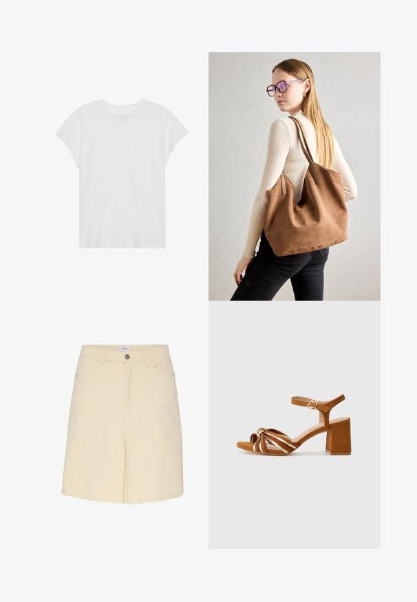 Hvid kortærmet t-shirt med rund hals, afslappet pasform, lavet af blødt bomuldsstof. Glat tekstur, ingen mønstre eller logoer.; Lys beige denimnederdel med slids foran, standard talje og klassisk fem-lommer design. Glat tekstur og minimalistisk stil.; Brune ruskinds hghælede sandaler med et knyttet design i skiftevis striber af brun, guld og creme. Hælen er blokformet.; Brun ruskind tote taske med blød tekstur, stor åbning og lange stropper. Har et enkelt design med synlige syninger og ingen hardware.