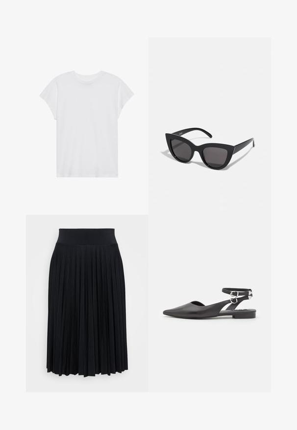 T-shirt blanc à manches courtes, col rond, coupe décontractée, en tissu de coton doux. Texture lisse, sans motifs ni logos.; Jupe plissée noire avec une large taille, fabriquée à partir d'un matériau doux. Présente des plis verticaux pour une texture et un mouvement supplémentaires.; Chaussures plates en cuir noir avec un bout pointu, une bride autour de la cheville et un détail de boucle. Caractéristiques : un petit talon bas et un design ouvert sur le côté.; Lunettes de soleil noires en forme d'œil de chat avec une finition mate, dotées de verres teintés gris, d'angles aigus et de branches élégantes. Nom de la marque visible sur la branche intérieure.